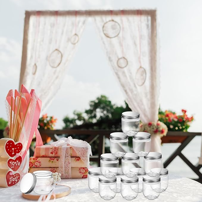 Tanlade 60 Pcs 4 oz Clear Plastic Wide Mouth Mason Jars with Lids Small Honey Jar Mini Storage Containers Bulk for Herb Jelly Butter Wedding Favors Shower Party (Silver)