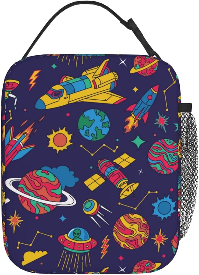 Insulated Lunch Box for Boys Girls Kids Adults Space Lunch Box for Work,Picnic,School,Travel,Hiking,Beach or Fishing Polyester Colorful Spaceship Space Theme Lunch Bag