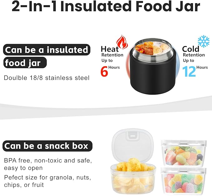 2-In-1 Soup Thermo for Hot Food Kids, 15 Oz Insulated Lunch Container and a Snack Box, Wide Mouth, Leak Proof, Stainless Steel Spoon, Dishwasher Safe Food Thermo Set for School, Work, Travel, Black