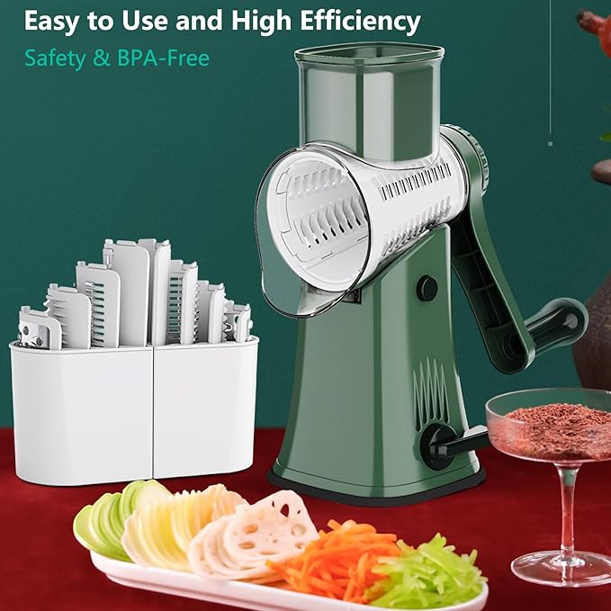 Rotary Cheese Grater 5 in 1 Cheese Grater with Handle Vegetable Slicer with 5 Interchangeable Blades, Storage Box, Green Cheese Shredder with Strong Suction Base for Kitchen (Green)