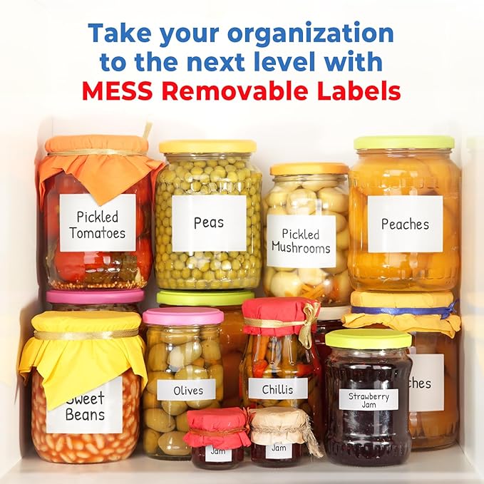 MESS Removable Food Labels for Containers (48-Pack) 3x4" Erasable Kitchen Labels for Organizing, Freezer & Fridge, White Dry Erase Labels for Jars
