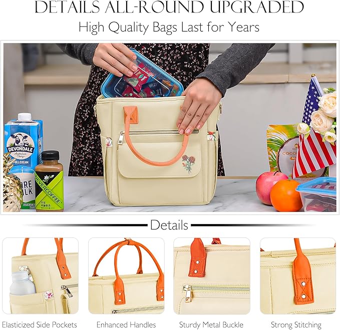 Deluxe Large Insulated Lunch Bag Box Women - Leakproof Waterproof Cooler with Multi Pockets Removable Strap for Work Picnic - Teacher Mothers Day Christmas Birthday Gifts