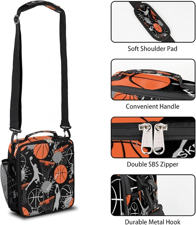 Basketball Kids Lunch Box Basketball Sport Insulated Lunch Bag Tote for Girls Boys, Cooler Freezable Meal Prep Bag with Shoulder Strap Waterproof Lunch Container for School Office Picnic