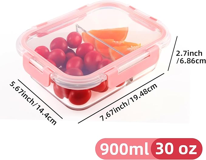 Glass Meal Prep Containers 2 Compartment with Lids (5 Pack, 36oz), Divided Glass Storage Containers for Lunch at Work, Leak-Proof Portion Control Food Containers, Microwave / Dishwasher Safe