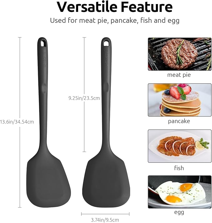 U-Taste 600ºF Heat Resistant 13.6in Long Solid Silicone Turner Spatula, and 18/8 Stainless Steel Square Measuring Spoons Set of 8 (Black+Silver)