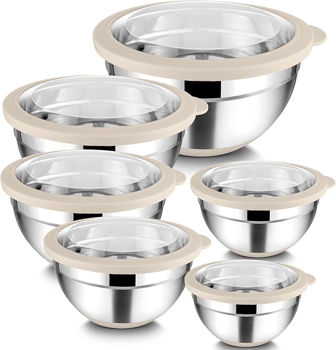 TeamFar Mixing Bowls Set of 6, Stainless Steel Salad Mixing Bowls with Visible Lids, Metal Nesting for Mixing Serving Prepping, Non-Slip & Airtight, 4.6/3.5/2/1.5/1/0.7 QT, Khaki