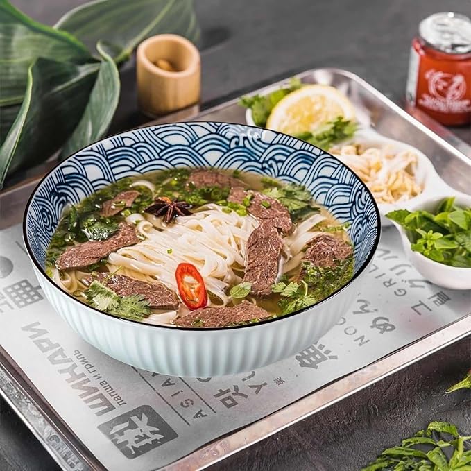 QINLANG Large Soup Bowls, Pho & Ramen Set of 3, 60 oz Blue & White Porcelain - Wave Pattern