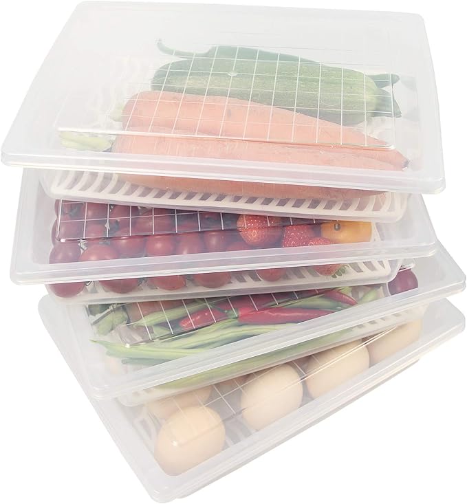 Food Storage Container, Plastic Food Containers with Removable Drain Plate and Lid, Stackable Portable Freezer Storage Containers - Tray to Keep Fruits, Vegetables, Meat and More (4,Large)