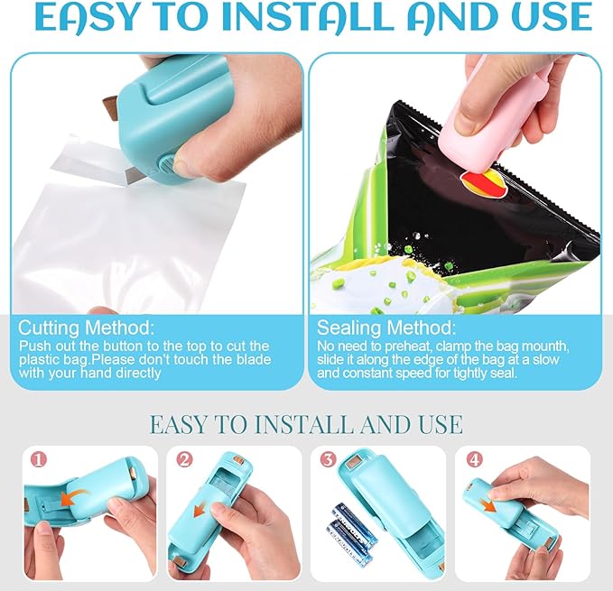 2 Pcs Mini Bag Sealer and 12 Pcs Bag Clips Snack Bag Sealer Snack Handheld Heat Vacuum Sealer Clips Chip Bag Clips for Plastic Bags Food Storage Snacks Freshness