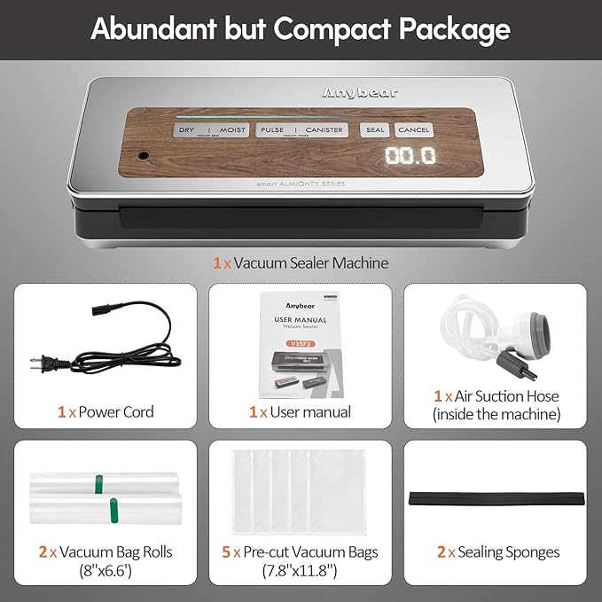 Vacuum Sealer Machine, 90kPa 120W Wide Seal All-IN-1 Powerful Food Storage, Build-in Cutter | Bags Storage | Digital Countdown Display | 2 Bag Rolls and 5pcs Pre-cut Bags (Silver Wood Grain)