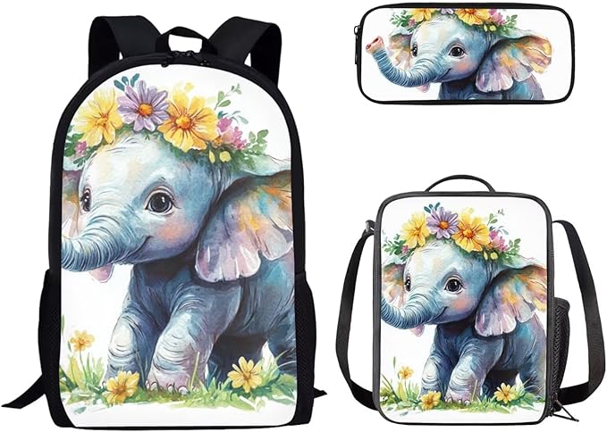 Dolyues Flower Elephant Girls' Backpack Set17-Inch Student Backpack Shoulder Lunch Bag & Glitter Pencil Case for Girls Ages 6-12