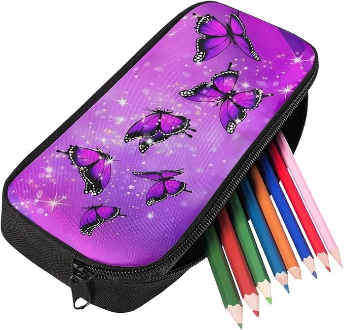 Dolyues 3 Piece Fashion Kids Backpack Set with Lunch Bag and Pencil Box, Purple Shiny Crystal Butterfly Print School Bookbag Outdoor Travel Bags Lightweight Daypack for Teen Girls