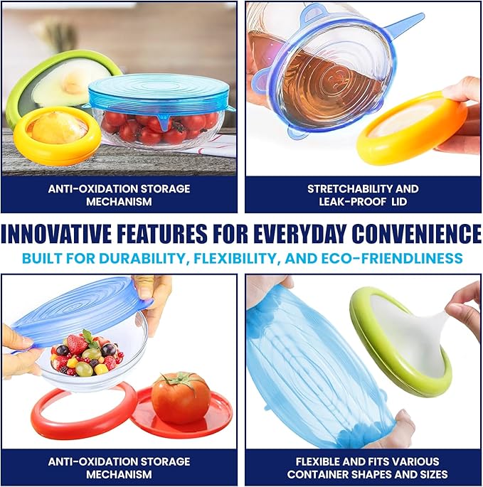 Fresh Guard - Set of 4 Reusable Storage Containers for Fridge - Anti-Oxidation - Avocado Saver and Tomato Holder + 6 Reusable Silicone Stretch Lids - Airtight, Leak-Proof for Bowls, Jars, Cans