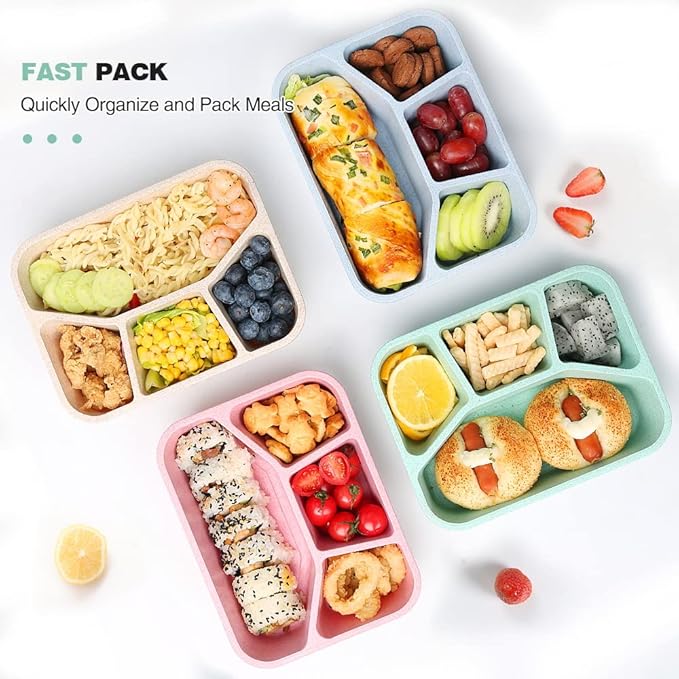4 Pack Bento Lunch Box, 4 Compartment Meal Prep Containers, Lunch Box for Kids, BPA Free Plastic Reusable Food Storage Containers - Stackable, Suitable for Schools, Companies,Work and Travel