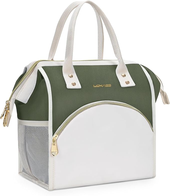 LOKASS Lunch Bag Women Insulated Lunch Box, Wide-Open Lunch Tote Bag Leak-proof Cooler Bag for Work Picnic-(Army Green)
