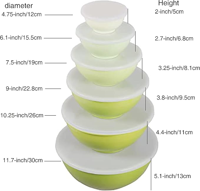 Melamine Mixing Bowls with Lids - 12 Piece Nesting Bowls Set 6 Bowls and 6 Lids, Mixing Bowl Set (Green Ombre)