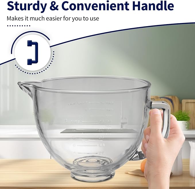 Glass Bowl for KitchenAid Stand Mixer,5 Quart,Glass Mixing Bowl Replacement for KitchenAid 4.5 and 5 Quart Tilt-Head Stand Mixers with Measurement Markings