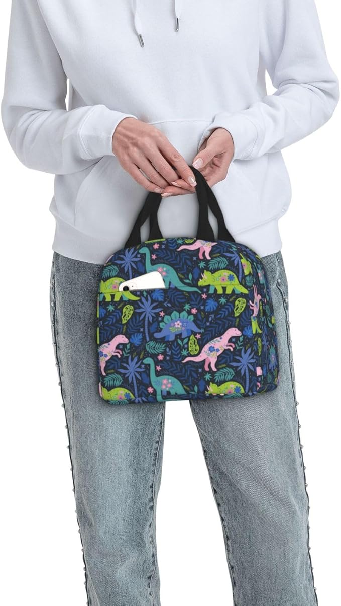 Dinosaur Lunch Box Cartoon Cute Animals Insulated Lunch Bag for Women Men Reusable Cooler Navy Dinosaur Flowers Lunch Tote Bag with Front Pocket for Hiking Picnic Travel Office, wjoy-box-8