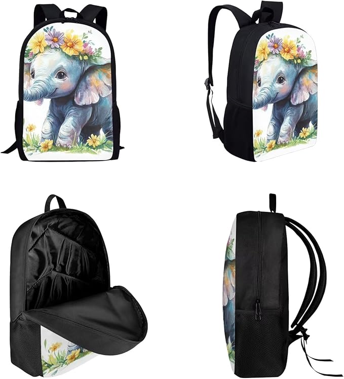 Dolyues Flower Elephant Girls' Backpack Set17-Inch Student Backpack Shoulder Lunch Bag & Glitter Pencil Case for Girls Ages 6-12
