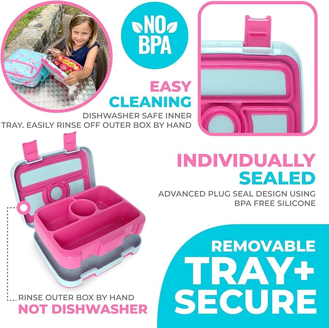 kinsho Bento Lunch Box with Water Bottle, Insulated Bag & Ice Pack Set for Kids Toddlers Girls, 4 Portion Sections, Removable Tray, Pre-School Kid Toddler Daycare Lunches, Snack Container, Pink Koala