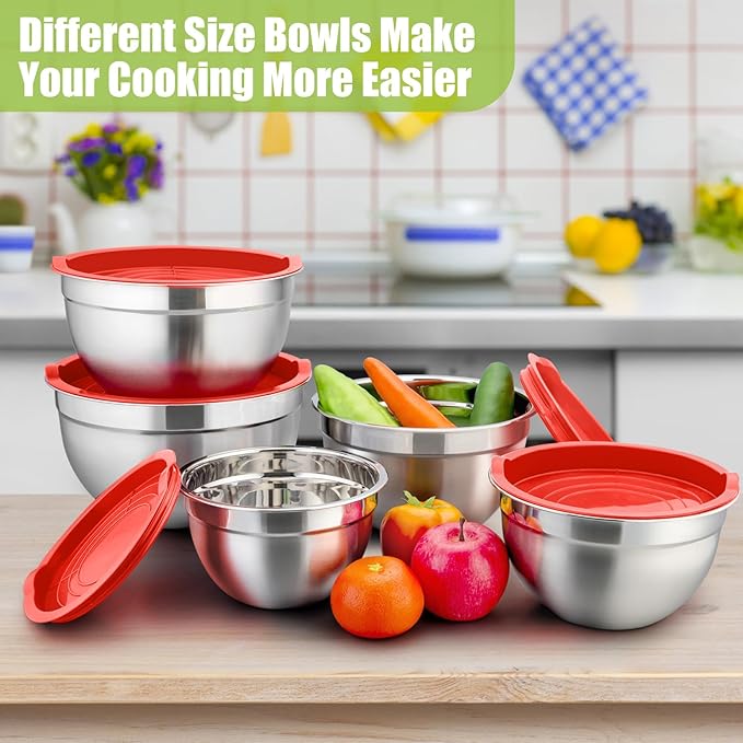 P&P CHEF Mixing Bowl with Lid Set of 5, 10-Piece Stainless Steel Nesting Salad Bowl Set for Prepping, Mixing and Serving, Size 4.6, 3, 1.5, 1, 0.7 QT, Rimmed Edges & Flat Base, Red