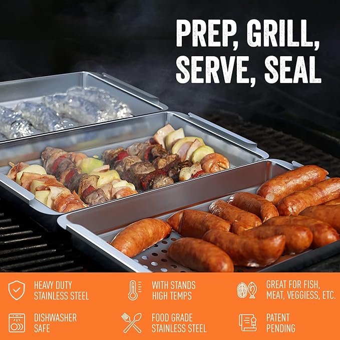 Yukon Glory™ BBQ 'N SERVE Premium Set, Includes 3 Grill Baskets, Serving Tray, Bamboo Cutting Board, Plastic Lid and Clip-on Handle