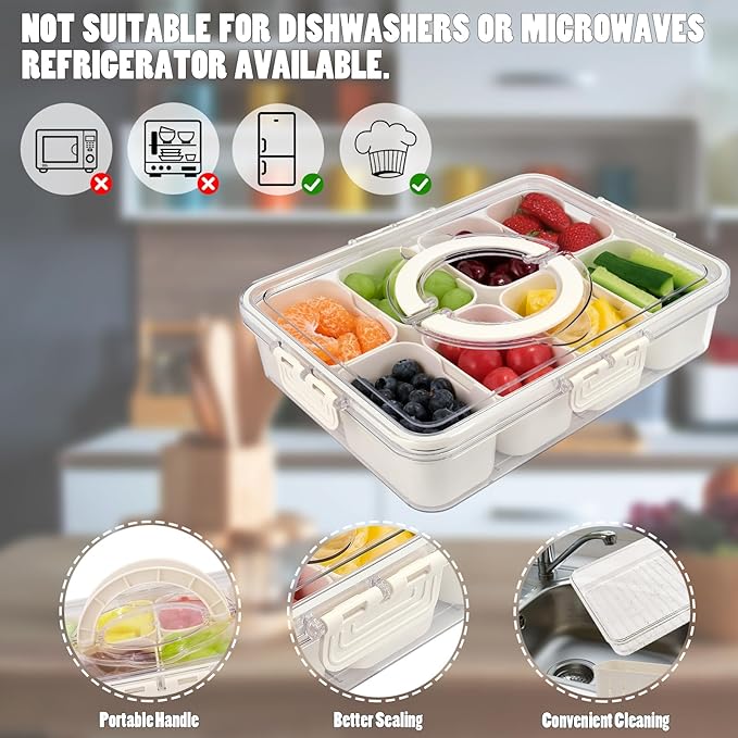 Snackle Box Container, 2 Packs 8 Compartments Divided Serving Tray with Lid and Handle, Portable Snack Box Containers for Veggie Tray Charcuterie Boxes Fruit Storage Candy Organizer