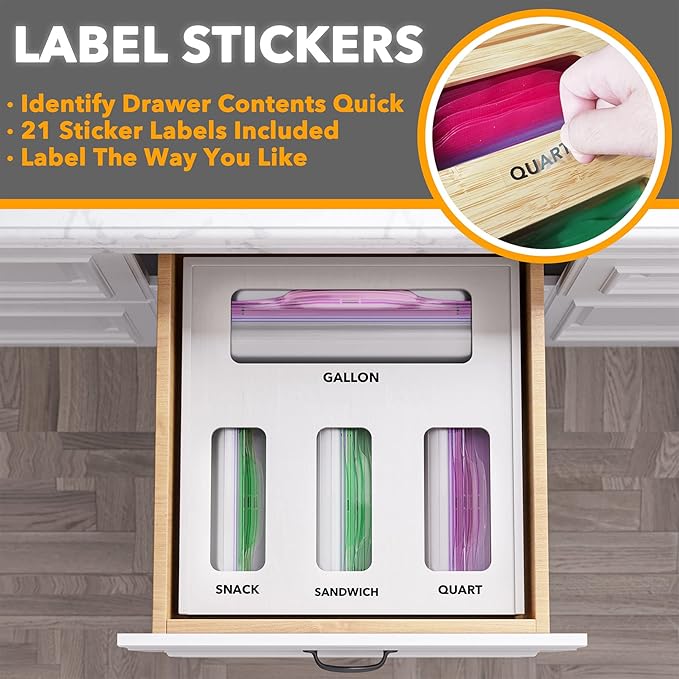 SpaceAid Bag Storage Organizer for Kitchen Drawer, Bamboo Organizer, Compatible with Gallon, Quart, Sandwich and Snack Variety Size Bag (1 Box 4 Slots), White