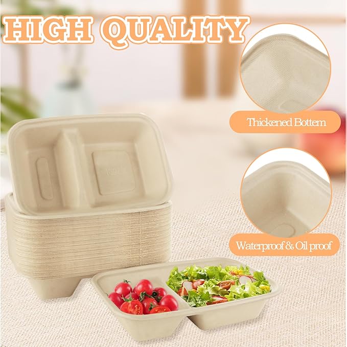 100 Pack 2 Compartment Paper Bowls Chip Dip, Nacho Cheese and Salsa, 26 Oz Compostable Food Containers Bagasse Bowls, Biodegradable Meal Prep Food Storage Deli Container for Hot/Cold Foodd