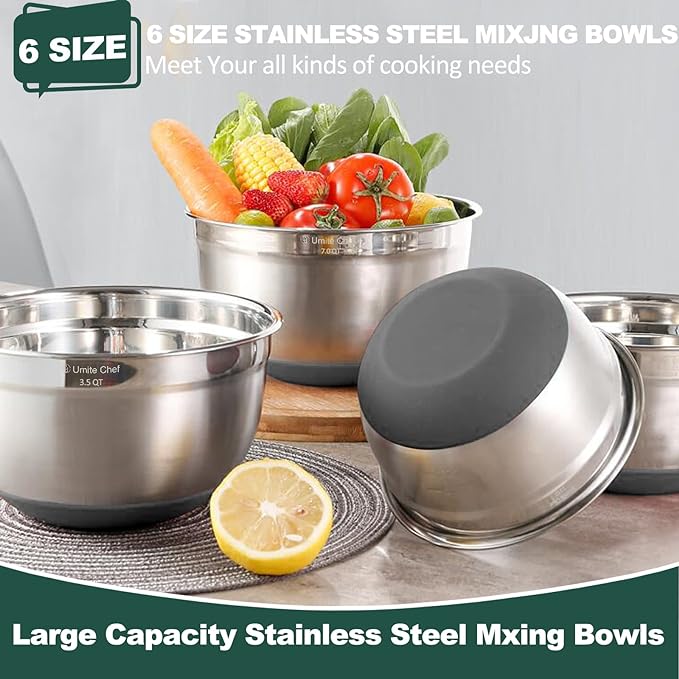 Umite Chef Mixing Bowls with Airtight Lids,6 piece Stainless Steel Metal Nesting Storage Bowls, Non-Slip Bottoms Size 7, 3.5, 2.5, 2.0,1.5, 1QT, Great for Mixing & Serving(Grey)