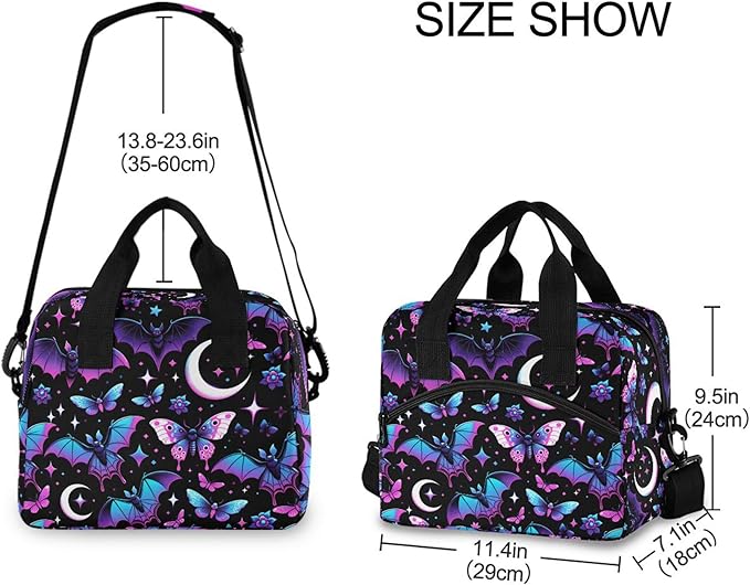 MNSRUU Insulated Lunch Bag Neon Purple and Bats Stars and Moons Women Men Fabric Dinner Tote Cooler Bag Reusable Leakproof Lunch Box with Adjustable Shoulder Handles Strap For Work School