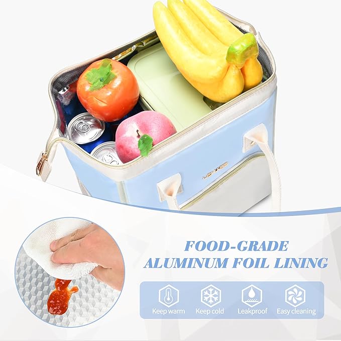 LOKASS Lunch Bag Women Insulated Lunch Box, Wide-Open Lunch Tote Bag Leak-proof Cooler Bag for Work Picnic-(Sky Blue)