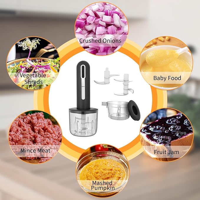 MINI Cordless Food Processor Electric Vegetable Chopper,USB Rechargable Compact Meat Grinder with 4 Cups & 2 Slicers for Baby Foods Kitchen,Mincing Pureeing Onion Garlic Chili & Spices(Black)