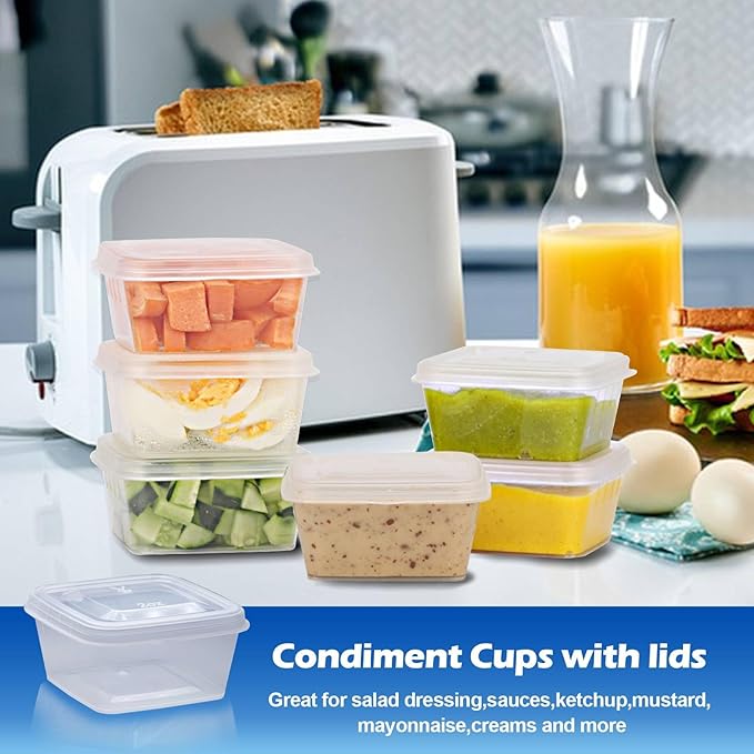2 oz Plastic Containers with Lids (200pack), Disposable Condiment Containers with Lids, Portion Cups for Sauce, Jello Shot, Souffle (Square)