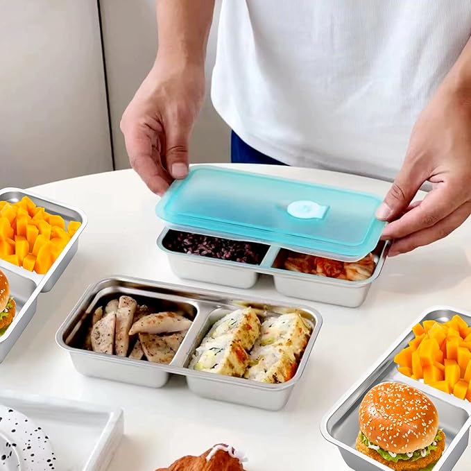8 Pcs Stainless Steel Bento Box with Silicone Lids 30 oz Leakproof Food Storage Containers Metal Divided Lunch Box for Dishwasher for Meal Prep