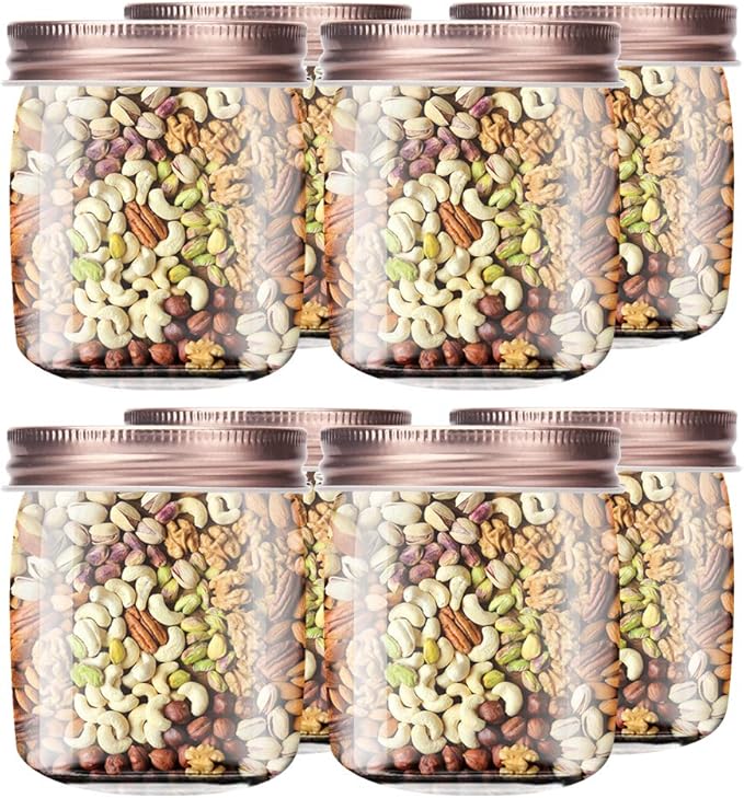 Novelinks 8 Ounce Clear Plastic Jars With Rose Gold Lids - Refillable Round Containers for Kitchen & Household Storage - BPA Free (16 Pack)