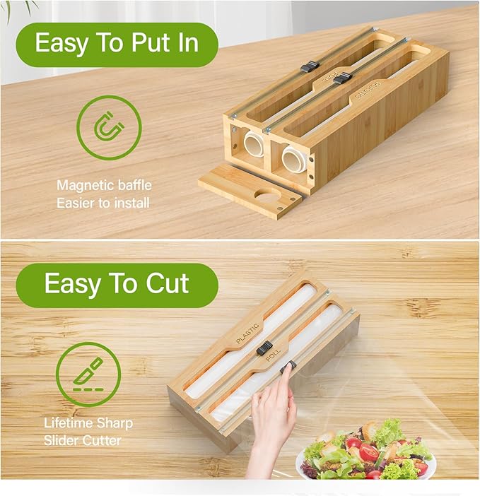 KOCWELL Bamboo Bag Storage Organizer - 2 Wrap Dispenser with Cutter & 4 Slots Food Storage Bags Container - Kitchen Drawer Plastic Bags Storage Organization for Gallon Quart Sandwich Snack Bags