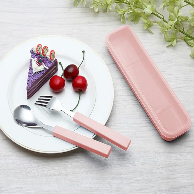 VANRA 3-Piece Children Utensils Set 18/10 Stainless Steel Child Flatware Set Silverware Knife Spoon Fork Set with Travel Case for Kids Lunch Box (Pink)