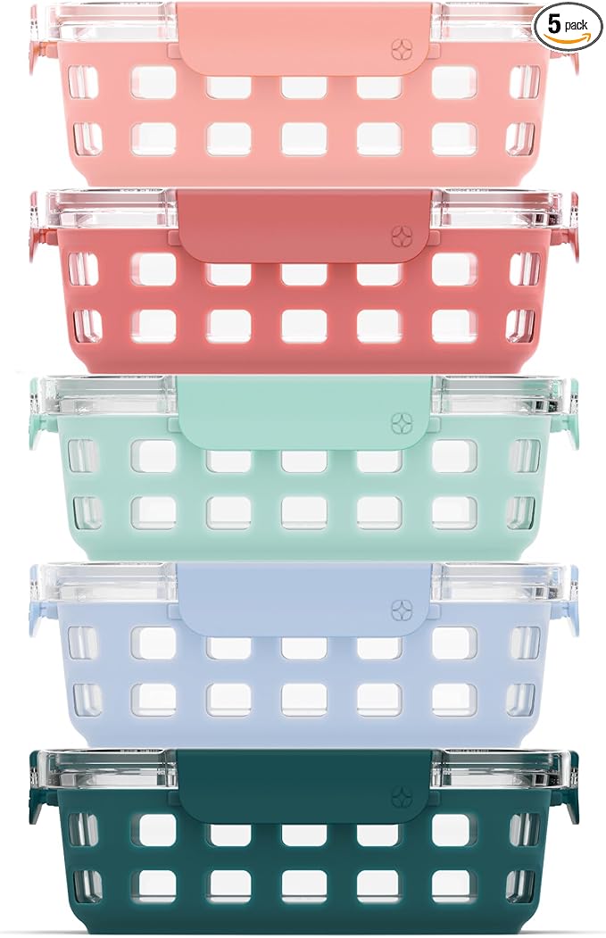 Ello Duraglass 3.4 Cup Meal Prep Sets 10Pc, 5 Pack Set- Glass Food Storage Container with Silicone Sleeve and Airtight BPA-Free Plastic Lids, Dishwasher, Microwave, and Freezer Safe, Melon
