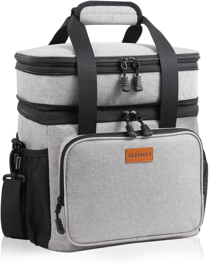 Double Decker XLarge Lunch Box, Insulated Heavy Duty Lunch Bag Waterproof Leakproof Durable Cooler Bag for Men Women Adults Work Picnic Camping Trip, 22L, Grey