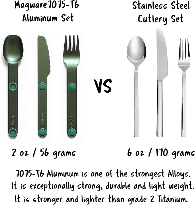 FULL WINDSOR - MAGWARE Magnetic Camping Cutlery Set - Travel Utensils for Camping, Cooking, and Outdoor Dining - Knife, Fork & Spoon- Portable Silverware with Pouch - Fathers Day Gifts - Green (3 PCS)