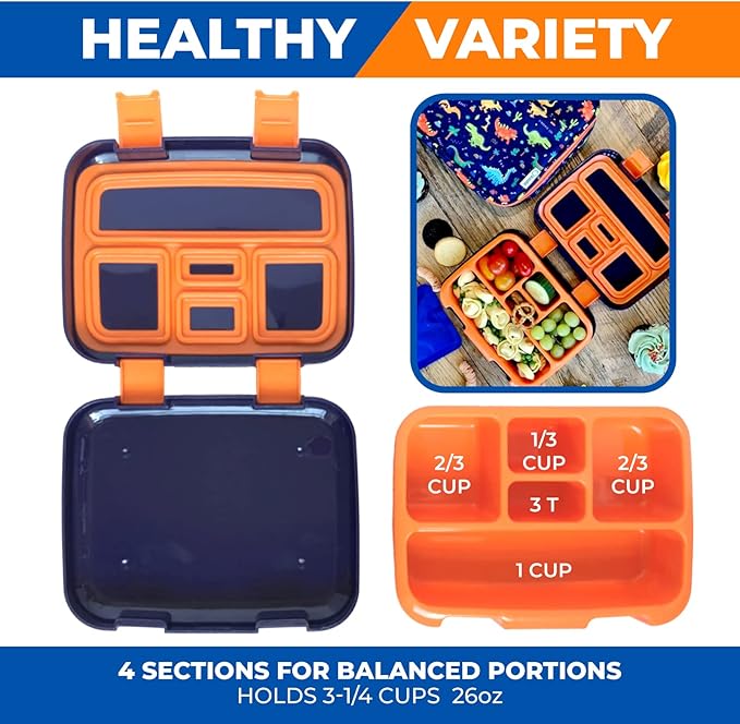 kinsho Bento Lunch Box with Insulated Bag, Water Bottle&Ice Pack Set for Kids Toddlers,5 Portion Sections, BPAFree Removable Tray, PreSchool Kid Toddler Daycare Lunches, Snack Container,Blue Dinosaur