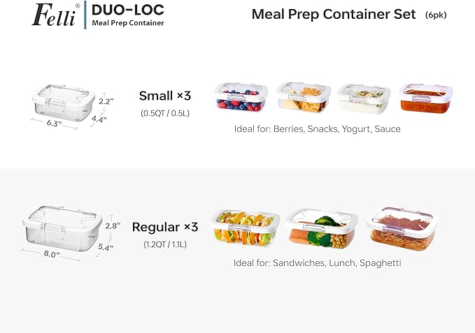Felli Duo Loc Food Storage Container with Lids Airtight for Fridge Microwave Freezer, Stain Odor Free, Reusable On the Go Box Small + Large for Kitchen & Travel, Weekly Meal Plan (Meal Prep 6pk)