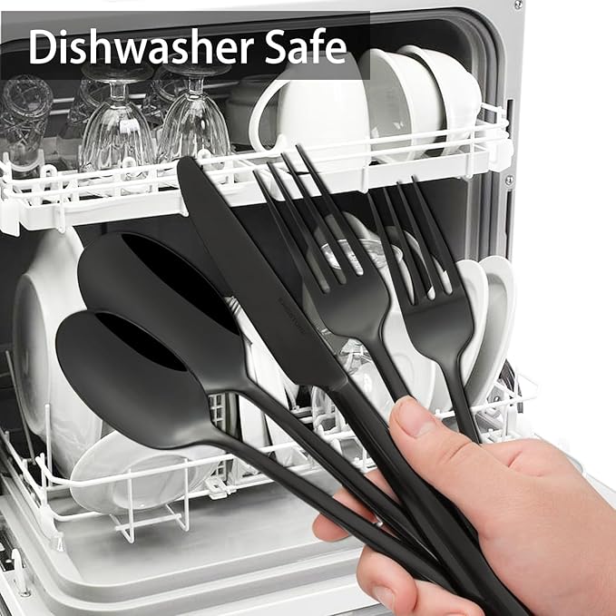 KINGSTONE Black Silverware Set, 20-Piece Forged Flatware Set Cutlery Set Premium Stainless Steel, Service for 4, for Kitchen, Home, Wedding, Party, Mirror Polished and Dishwasher Safe
