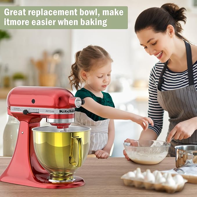 5QT Stainless Steel Mixer Bowl Compatible with Kitchen aid Stand Mixers Kitchenaid Replacement Bowl for 4.5-5 QT Tilt-Head Mixer with Handle, Gold