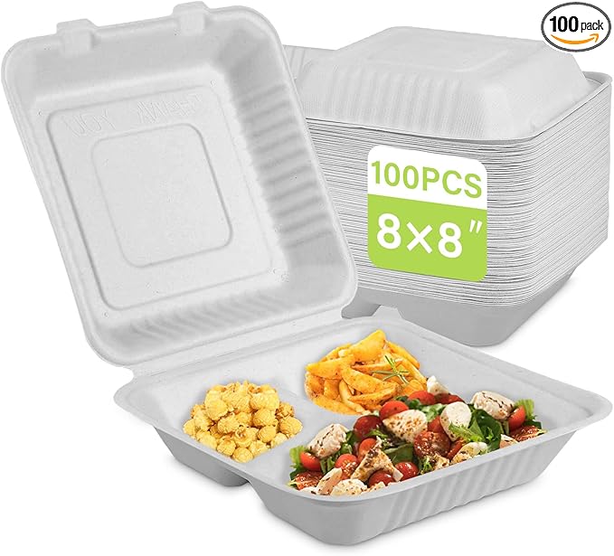 greensight Compostable Take Out Food Container 8X8, 100 Pack 3 Compartment Clamshell Food Container, Disposable To Go Food Boxes, Biodegradable Food Containers Made of White Sugar Cane Fibers