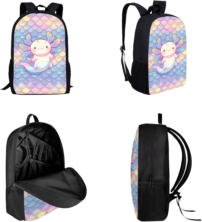 Dolyues Scale Cute Axolotl Cute Kids Backpack Set with Lunch Box & Pencil Case - 3-Piece School Bag for Primary Girls - Stylish Handbag & Pen Bag Included