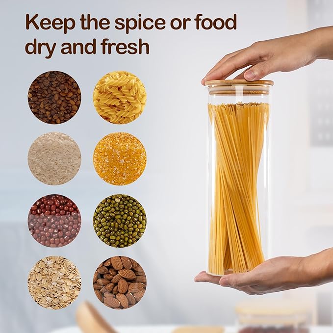 70oz Straight cylindrical Airtight Storage Jars with Bamboo Lid Set of 3 Storage Container Glass Jars, Kitchen Canister for Noodles, Pasta and Coffee beans (with Black Lable)