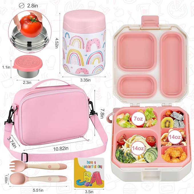 Bento Lunch Box for Kids with 12oz Soup Thermo Leak-Proof Lunch Food Container with 5 Compartment Thermo Hot Food Jar and Insulated Lunch Bag for Kid Toddler Girls Boys to School