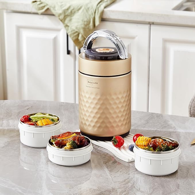 67 ozAdults Stainless Steel Vacuum Insulated Wide Mouth Soup Food Thermos Hot Food Jar with Keep Thermal Portable 3 Tier Stackable Bento Hot Food Containers Lunch Boxes (Gold)